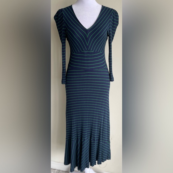 MAEVE BY ANTHROPOLOGIE KNIT PULLOVER FLUTTER HEM DRESS, NAVY/GREEN SZ XS - Picture 6 of 12